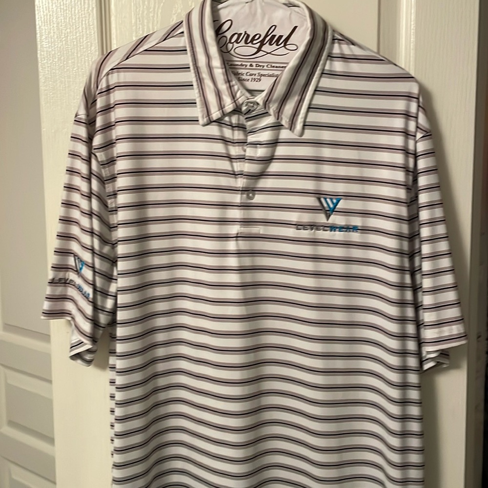 Levelwear men’s golf shirt white with black and taupe stripe